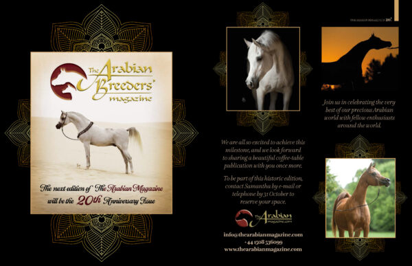 Black page showing The Arabian Magazine at 20 with an old cover image and three photo of horses, inviting people to be part of the edition. 31 October deadline. 