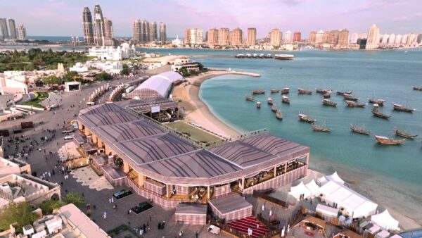 Doha Show Drone Shot of Katara Showground and the Doha skyline